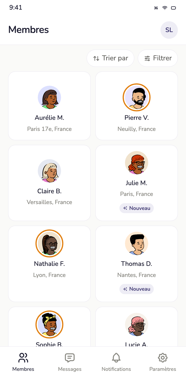 Écran de l'app : la grille des membres