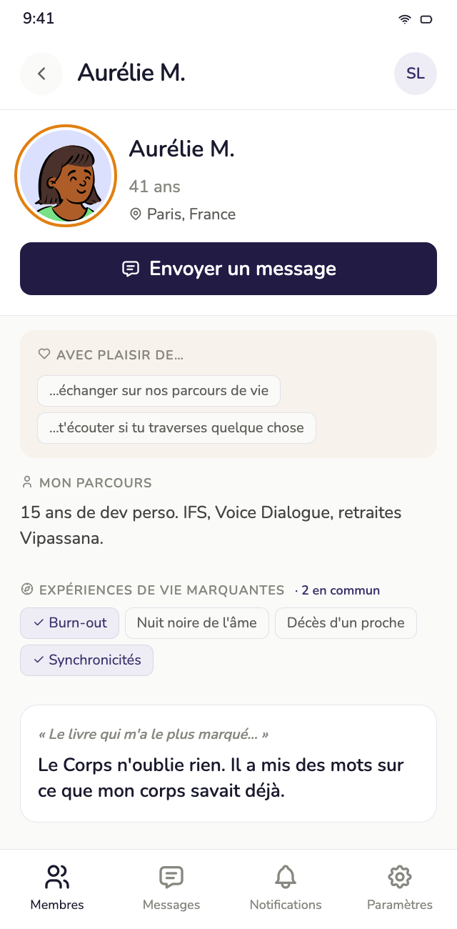 Écran de l'app : le profil d'un membre